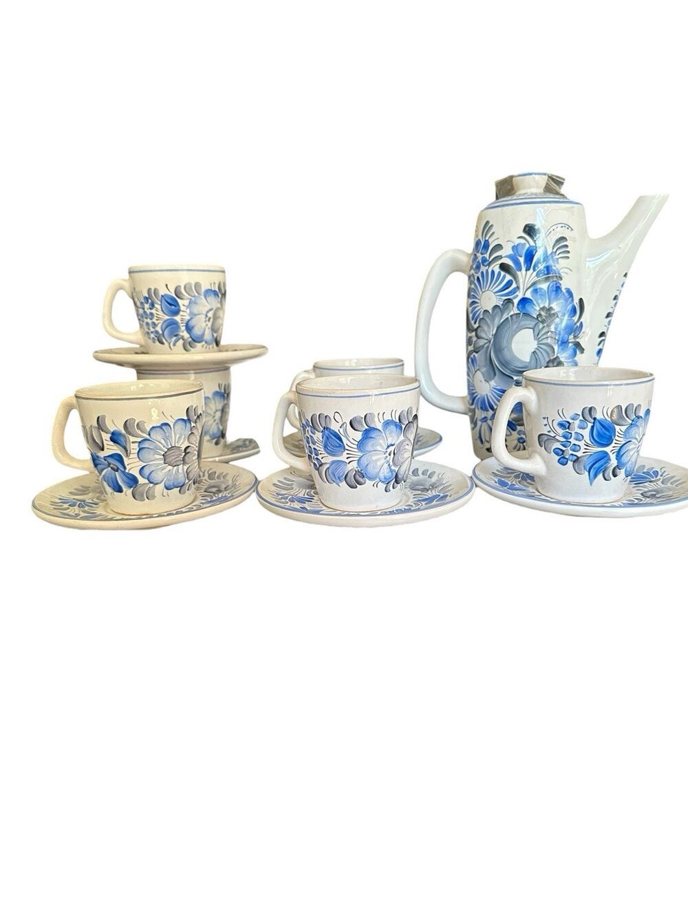 VTG Rosemailing Norway Ceramic Blue White Hand Painted Espresso Chocolate Set